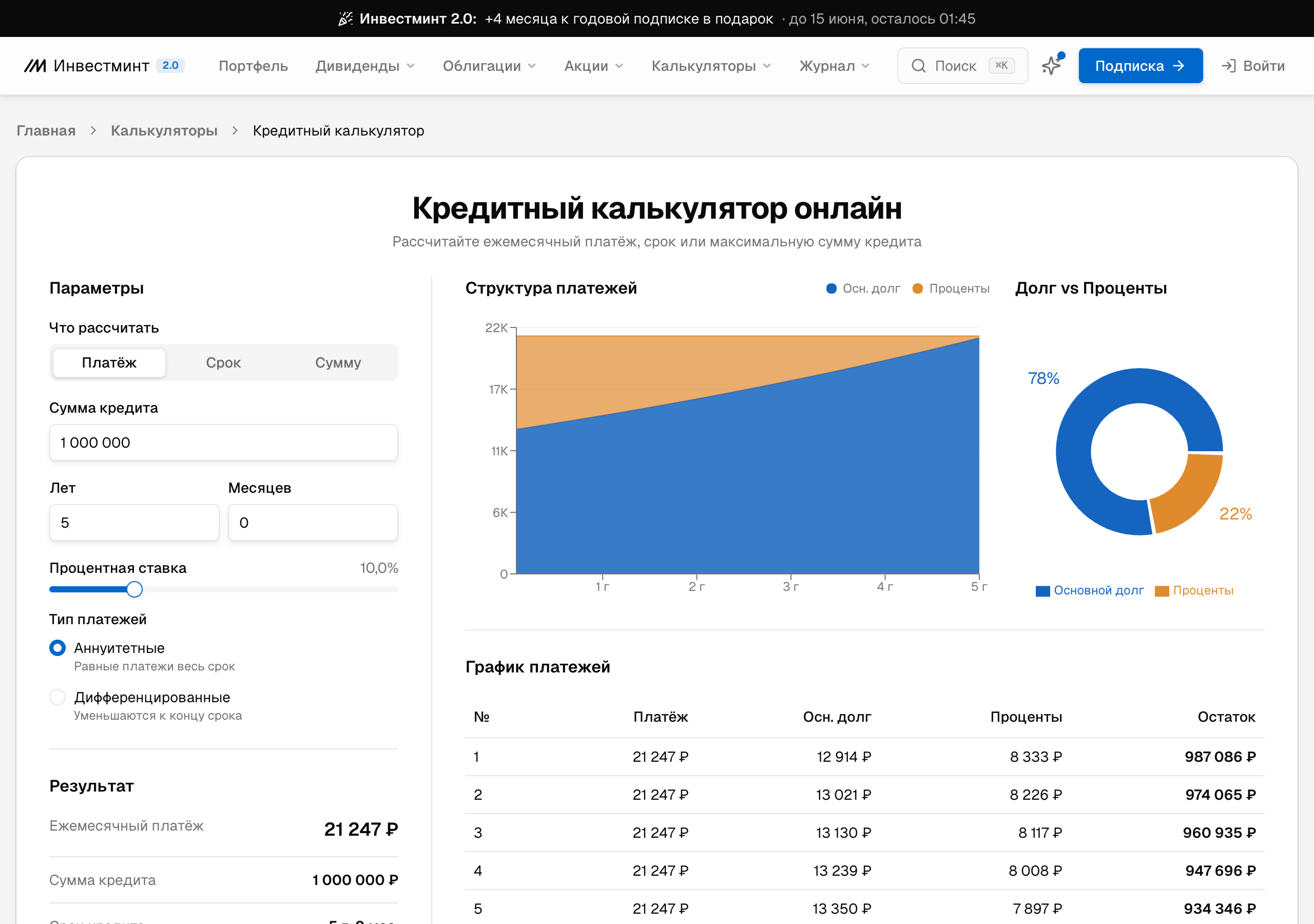 Кредитный калькулятор с аннуитетными платежами: 1 000 000 ₽ на 5 лет под 10%